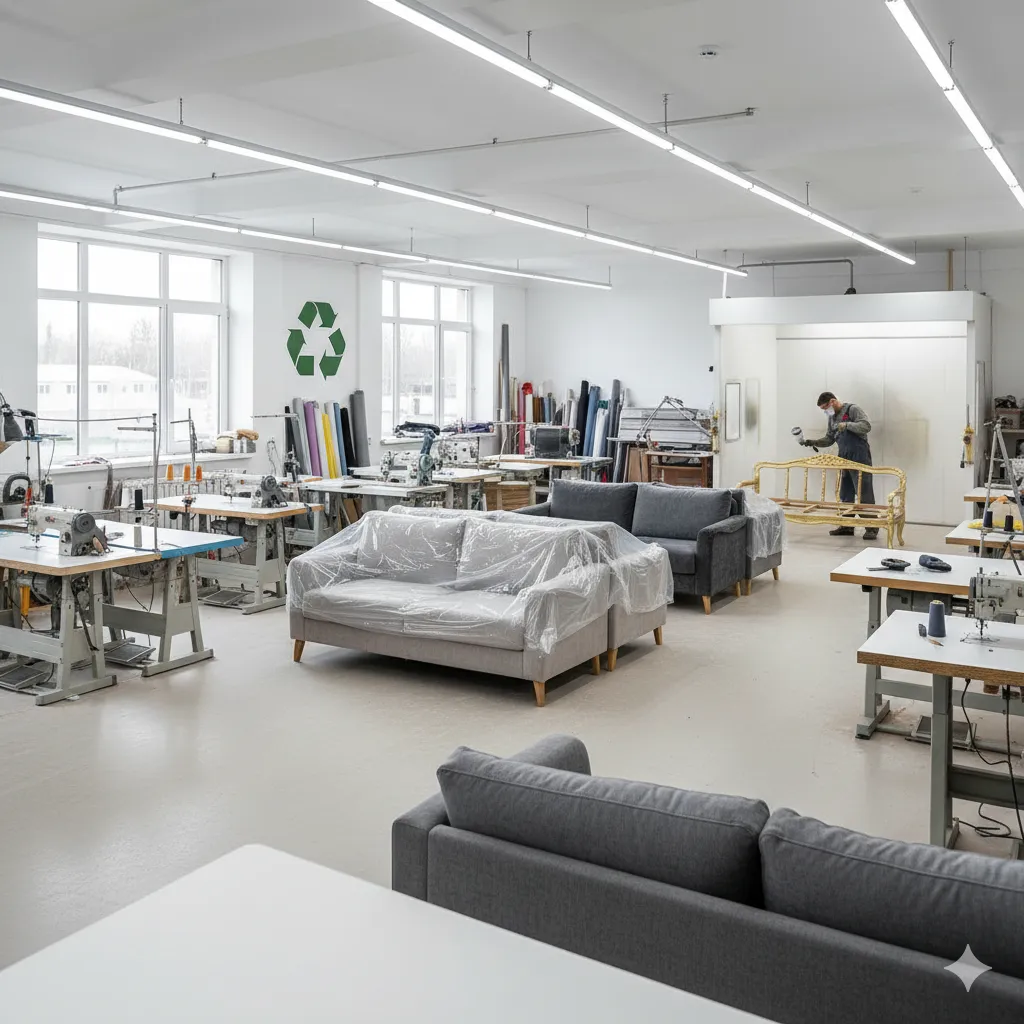 ۳. بازسازی بدنه مبل در کارگاه با نماد بازیافت برای ترویج فرهنگ کاهش پسماند